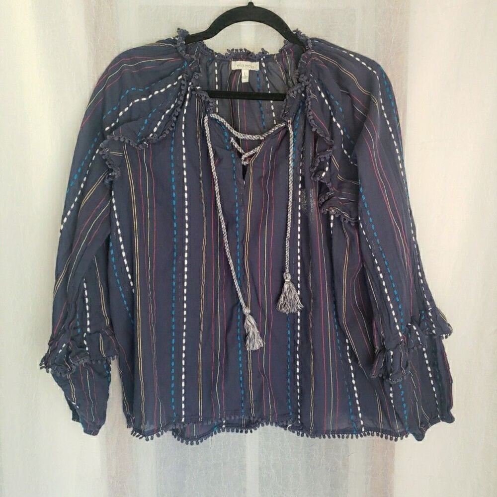 Ella Moss Blouse Womens L Blue Top Braided Tassels Fring Semi Sheer Boho Peasant